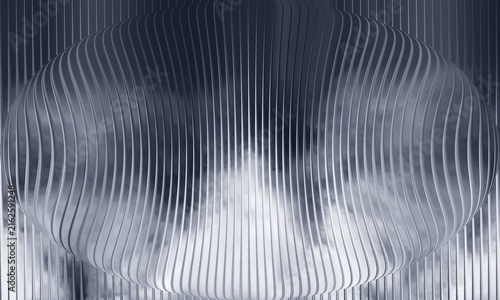 Abstract futuristic 3D ellipsoid oval form with vertical fluted ribbed metallic texture and smoky background