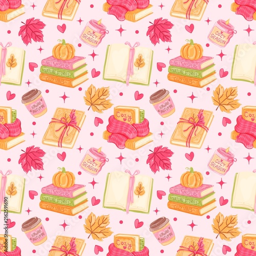 Cozy Bookish Autumn Seamless Pattern with Books, Pumpkin, Scarf and Coffee