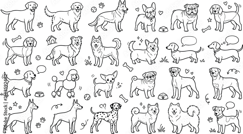 Fototapeta premium Cute Dog Breeds Line Icon Pack Featuring Retriever German Shepherd Corgi French Bulldog Pug Husky and Domestic Puppy Mascot Symbols Cute Dog Breeds Line Icon set