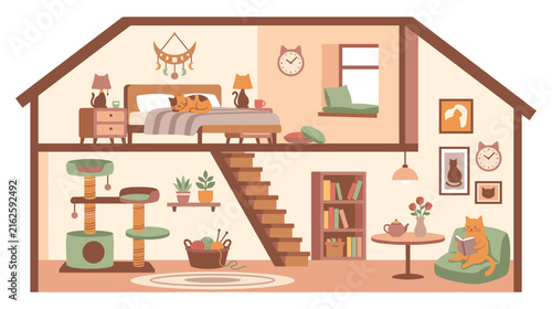 Interior design of two story cat house for modern pet living room.
