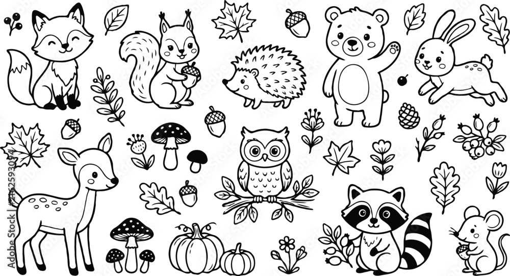 Obraz premium Cute forest animals and nature elements line art illustration