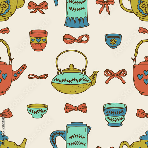 Colorful tea pots and cups doodle icons seamless pattern on beige background. Cozy rustic pottery line art wallpaper vector