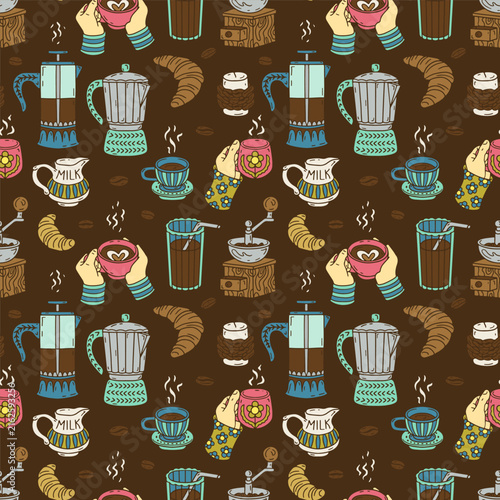 Coffee making utensils hand drawn seamless pattern. Hot morning beverage line art wallpaper