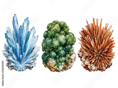 Three distinct mineral crystal clusters in blue, green, and orange, featuring sharp, needle-like formations and spherical textures on white background