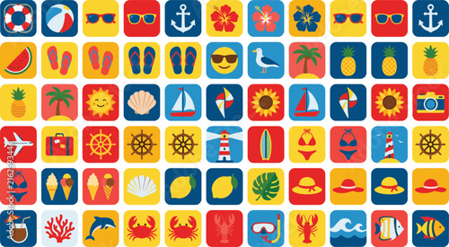 Summer Beach Vacation Colorful Flat Icon Set Featuring Nautical Anchors Tropical Fruits Sea Creatures Cruise Sailboats and Travel Accessories Summer Beach Vacation Colorful Flat Icon Set 