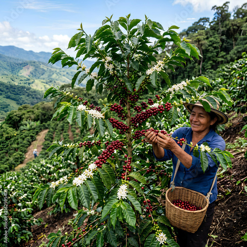 Woman harvesting ripe coffee cherries from a plant on a lush green mountainside plantation