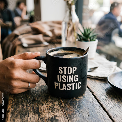 Woman holding mug with STOP USING PLASTIC message at cafe table
