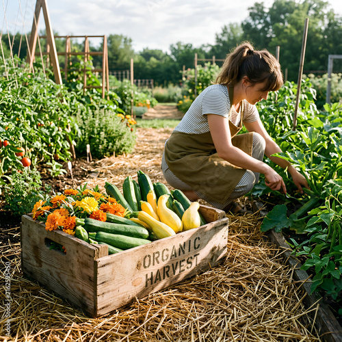Woman Harvesting Fresh Organic Vegetables in a Garden with Crate of Produce