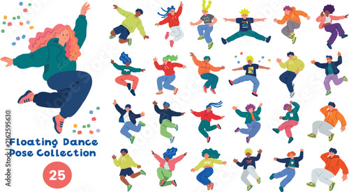 Floating dance pose collection, 25 jumping people vector set, diverse active characters in mid-air, energetic youth lifestyle illustrations