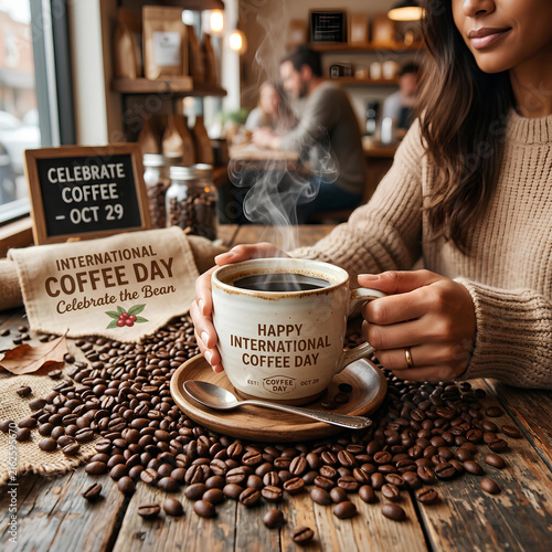 Woman holding steaming coffee mug surrounded by coffee beans celebrating International Coffee Day