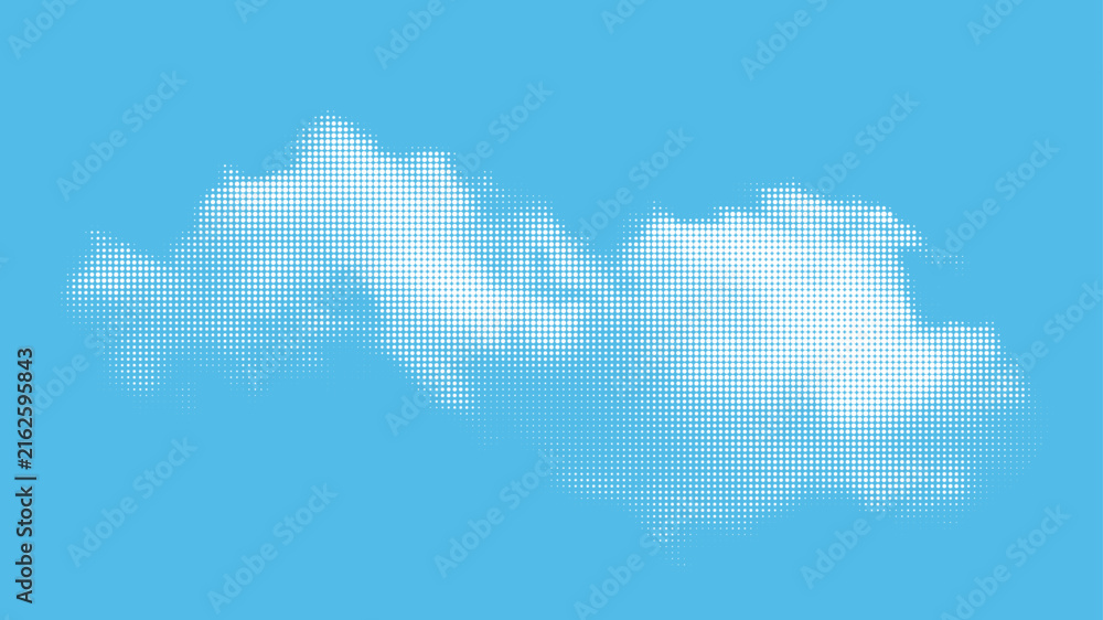 Naklejka premium Cloud halftone background. White halftone texture cloud with grunge dots on blue sky creates vintage pop art backdrop. Summer sky pattern for retro comic book designs. Abstract vector illustration.