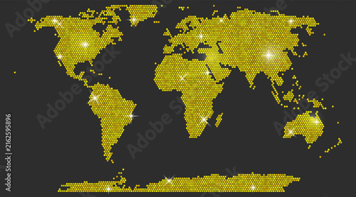 Map golden gold and world black africa with light vector asia. Background continent dot and yellow glam night with metallic holiday design. Business map shine and glowing world travel.
