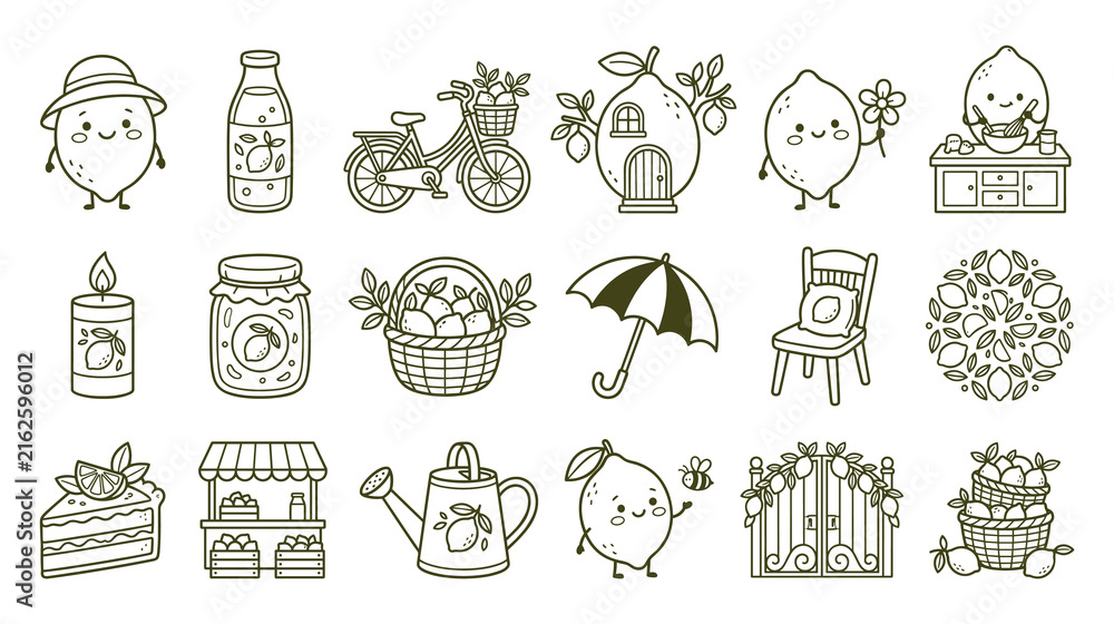 Fototapeta premium Lemon character life and citrus garden lifestyle line art set.