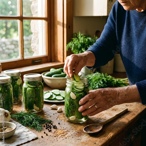 Woman preserving pickles in mason jars homemade food preparation fresh ingredients