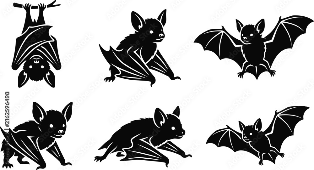 Obraz premium Six silhouette bats in various poses during halloween night against a white background for design