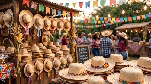 Festival, Brazil, Straw hat festa junina background Brazilian party and Latin american festival