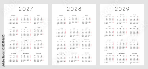 2027 2028 2029 French calendar template set. Minimalist 3 year annual calendar planner layout with 12 months overview in French language for home and office planning.