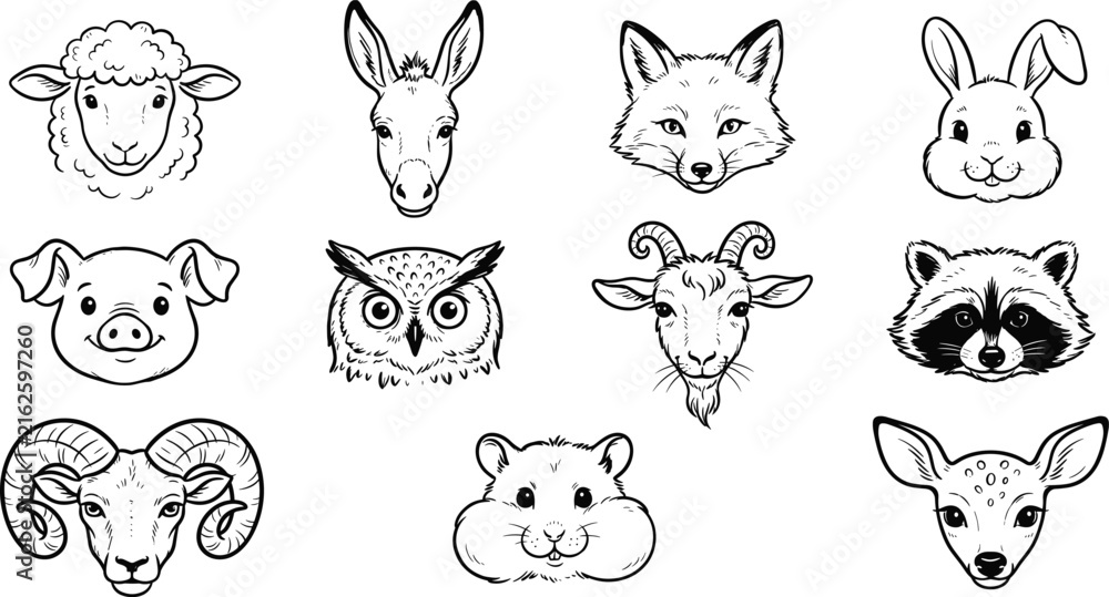 Fototapeta premium Animal Faces Line Art Set Hand Drawn Farm and Wild Animals Icons