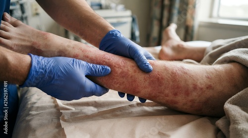 Dermatological examination of severe skin rash on patient leg, doctor in blue gloves inspecting leg eczema, clinical medical treatment