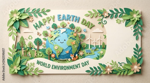 Paper, Environment, Green world paper cute style with Copy space Earth day banner and World Environment day concept