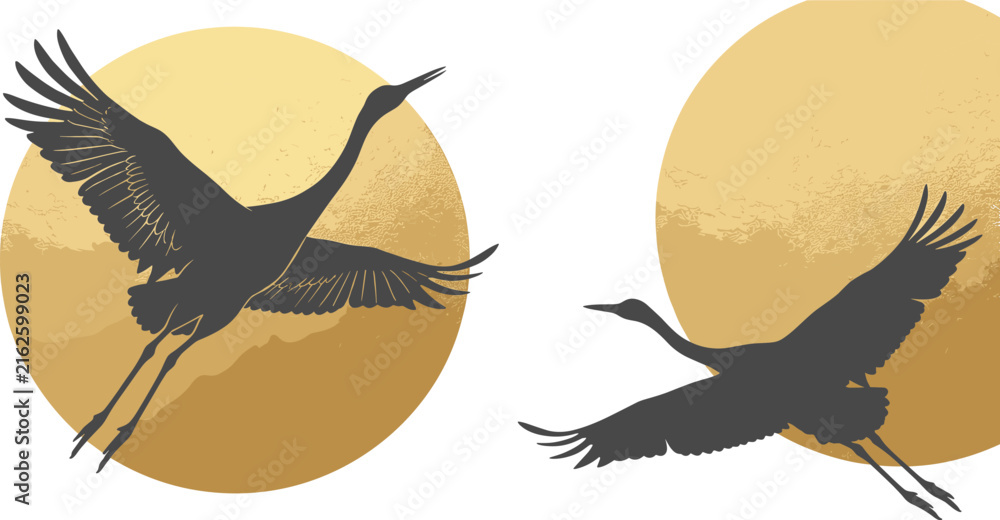 Naklejka premium Flying Crane Silhouette with Golden Sun Circle Vector Illustration Set