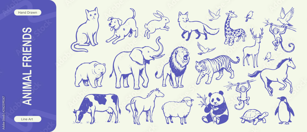 Naklejka premium Animal Friends Vector Set, Hand Drawn Wild & Domestic Animals Illustration Collection, Elephant, Lion, Tiger, Cute Cat, Dog, Panda, Horse, Deer Line Art Doodle Clipart Graphic Design