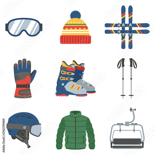 Skiing and winter sports equipment icons set