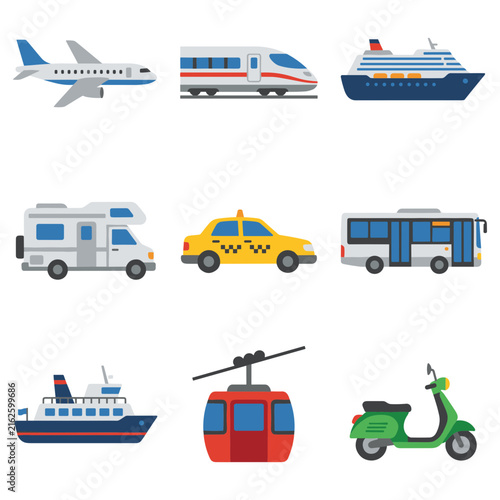 Transport icons set featuring airplane train ship bus and scooter