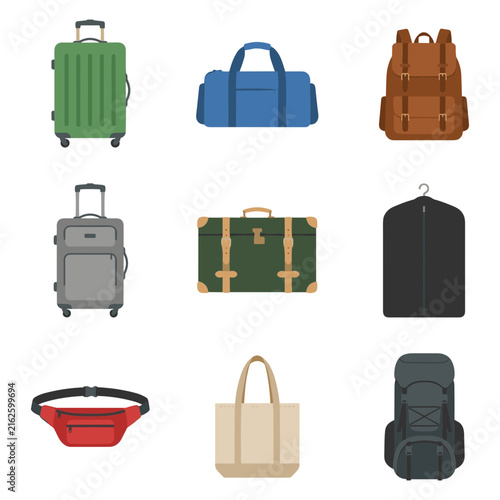 Flat vector set of diverse travel bags and suitcases