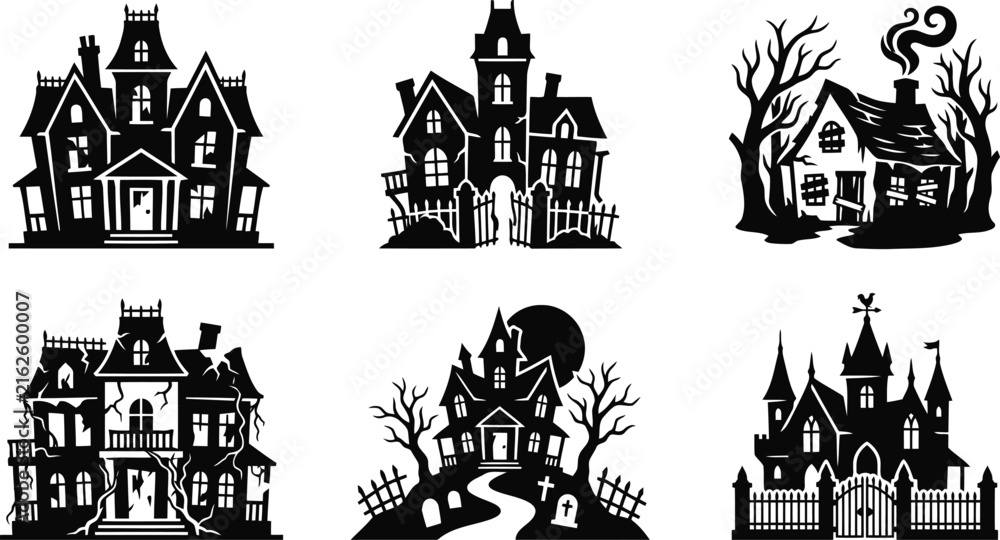 Fototapeta premium Collection of spooky haunted houses silhouetted against a dark background during Halloween night
