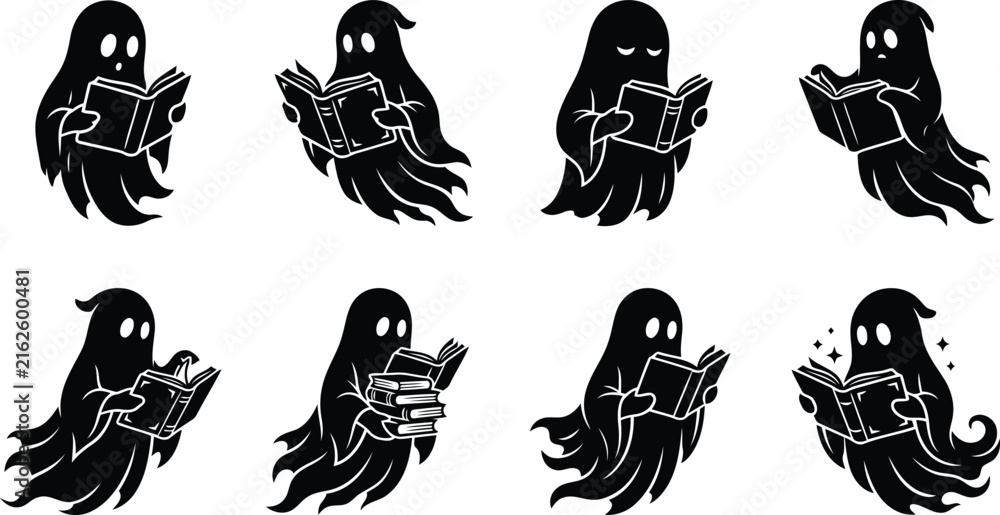 Obraz premium Cute cartoon ghosts reading books in various poses during Halloween night with a playful concept and simple vector style