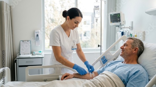 Female nurse adjusting IV drip for senior male patient in bright hospital room