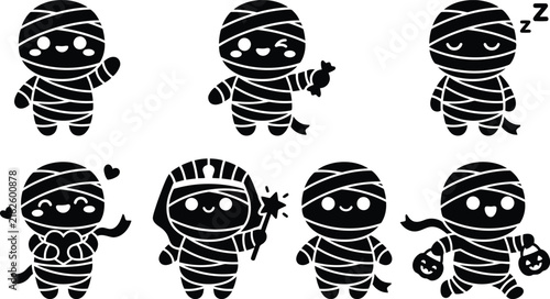 Cute mummy character set in different playful poses with sleeping dancing and magical elements on white background vector illustration