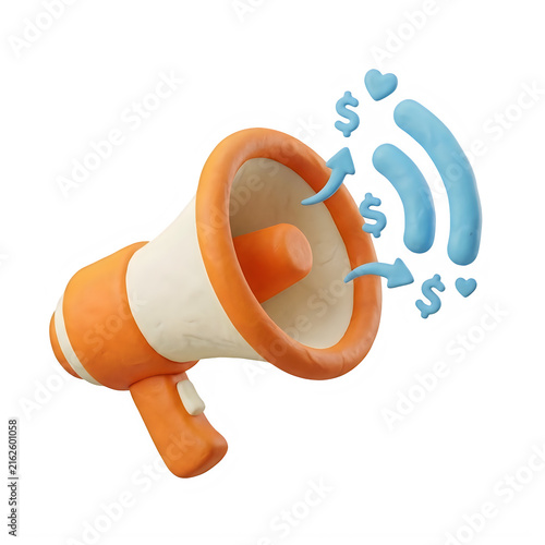 3d orange megaphone icon with floating money symbols isolated on transparent background