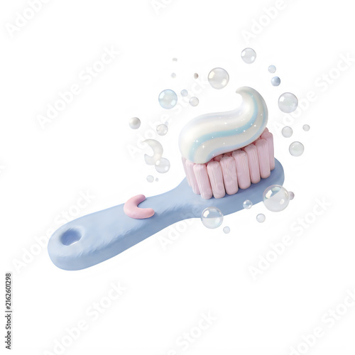 Toothbrush with toothpaste and soap bubbles 3d icon isolated on transparent background
