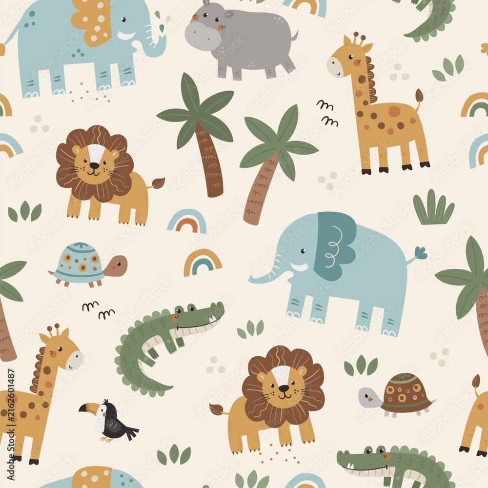 Naklejka premium Seamless vector pattern with cute safari and jungle animals on a cream background. 