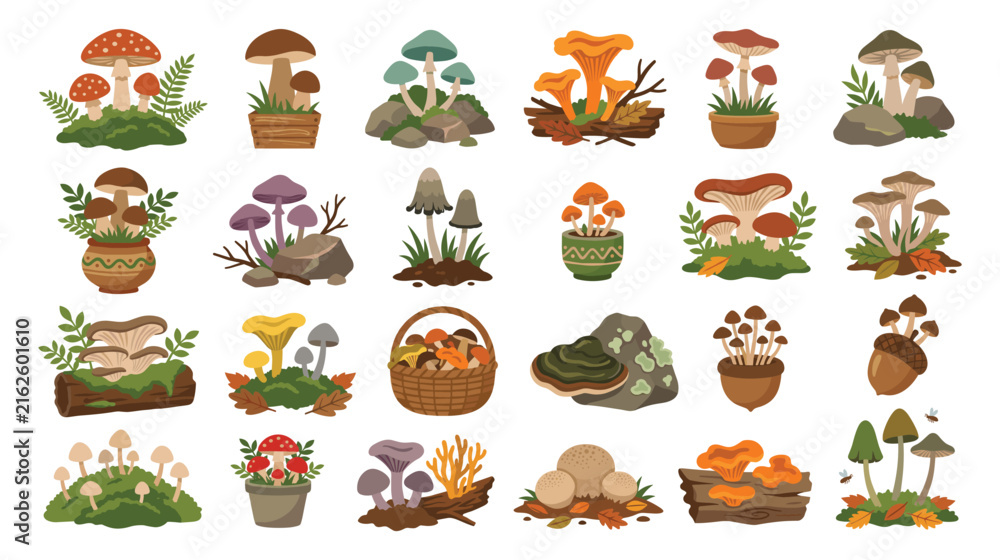 Obraz premium Autumn forest mushroom collection features diverse fungi species.