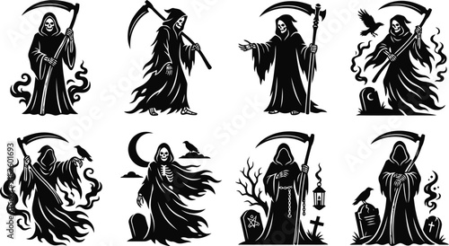 Foto Grim Reaper silhouettes in dynamic poses with scythes against a moonlit night co