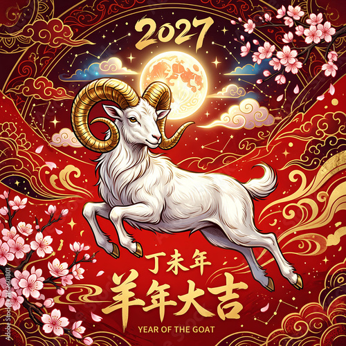 Year of the Goat 2027 Chinese New Year Celebration with Ram Moon and Cherry Blossoms