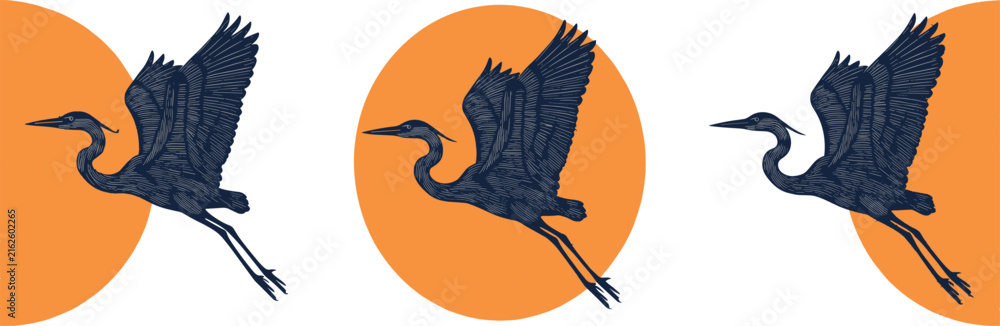 Naklejka premium Flying Heron Bird Illustration with Sun Circle Vector Logo Design