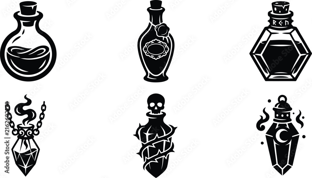 Naklejka premium Mysterious potion bottles with arcane symbols and magical liquids in a dark fantasy illustration style