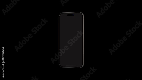 3D smartphone mockup rotates gently on pure black background. Modern phone display stays blank for custom screen insertion. Clean gadget animation shows sleek metallic body design.