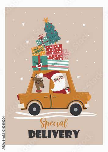 A Christmas card featuring Santa and a reindeer delivering gifts in a car.