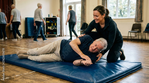 Woman assisting senior man with mobility exercise on floor mat during rehabilitation class. Elderly fitness, physical therapy, balance training, and active aging concept.
