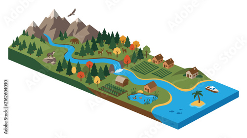 Isometric mountain river landscape with trees houses and farm field.