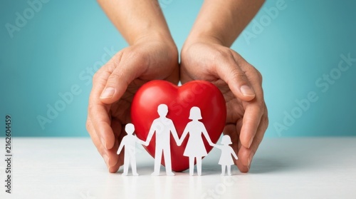 Hands cupping red heart with paper family figures symbolizing love and protection