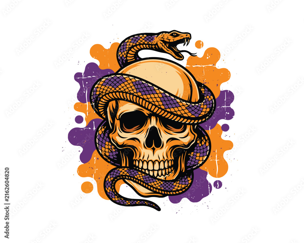 Fototapeta premium Snake and Skull Gothic Vector Illustration Isolated on White Background