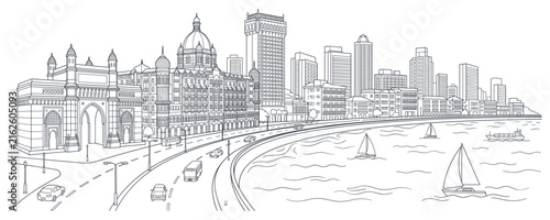 Gateway of India and Mumbai city skyline panorama line drawing.