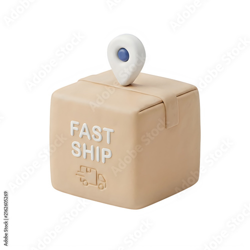 3d cardboard shipping box with location pin icon isolated on transparent background