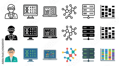 Scientist, DNA, data, molecule, server, chart, and technology icons depicting scientific research, biotechnology, and data analysis concepts.